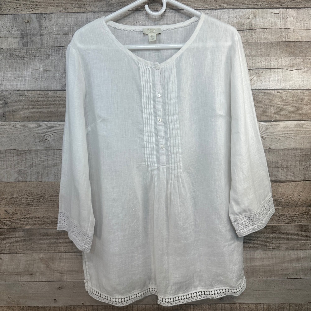 St. Tropez West Women White 100% Linen Pintuck Tunic‎ Crochet Lace Trim Top Sz L